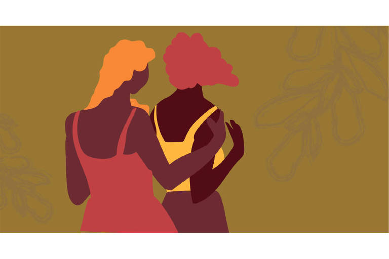 Ilustração digital, com a figura de duas mulheres negras. Uma abraça a outra por trás, uma tem os cabelos loiros e usa um vestido vermelho, a outra tem cabelos vermelhos e usa uma blusa regata amarela e calça marrom.