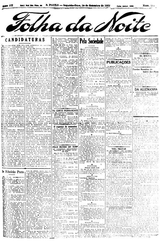 Primeira Página da Folha da Noite de 10 de setembro de 1923