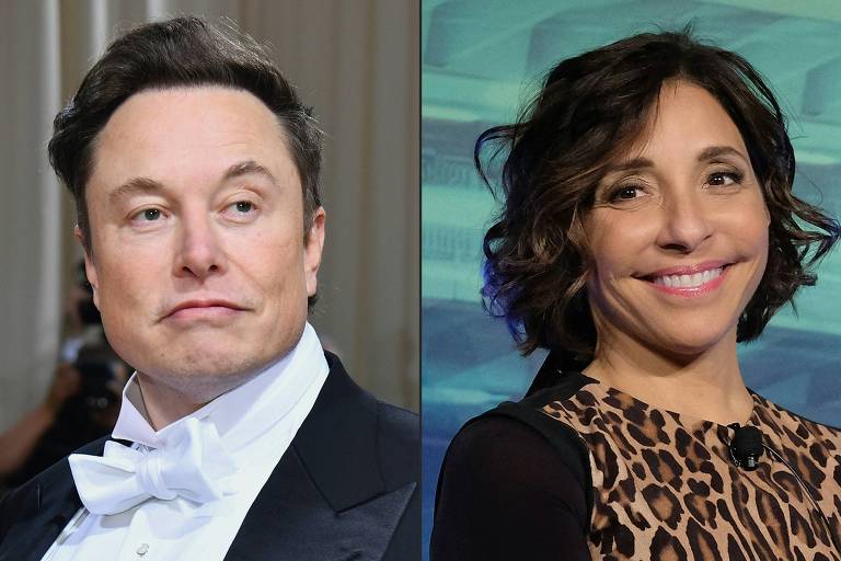 Imagem mostra duas fotos, uma de Elon Musk e outra de Linda Yaccarino. Ela sorri e veste roupa com estampa de oncinha. Ele, por sua vez, está sério e veste um terno.