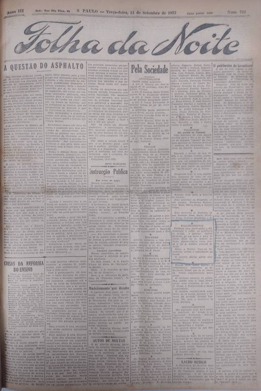 Primeira Página da Folha da Noite de 11 de setembro de 1923