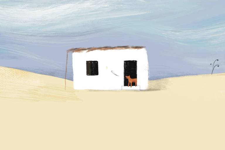 Ao centro da imagem uma pequena casa branca tem janelas e portas abertas. Pela porta sai um cachorro que late.  O céu ao fundo é lilás e tem nuvens em movimento. Abaixo da casa a terra é cor de areia. 