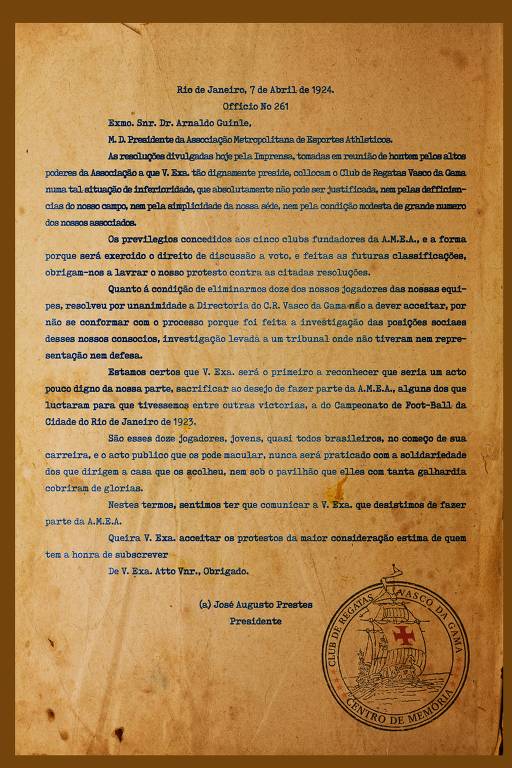 Carta do Vasco, recusando-se a entrar na AMEA, chamada de "resposta histórica"; campeão carioca de 1923, o time foi excluído da liga dos ricos no ano seguinte
