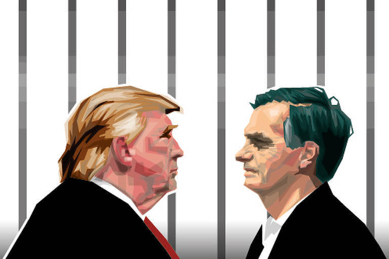 Na ilustração de Carvall, Trump e Bolsonaro, num plano fechado, se encaram. No fundo da imagem temos a presença de grades escuras.