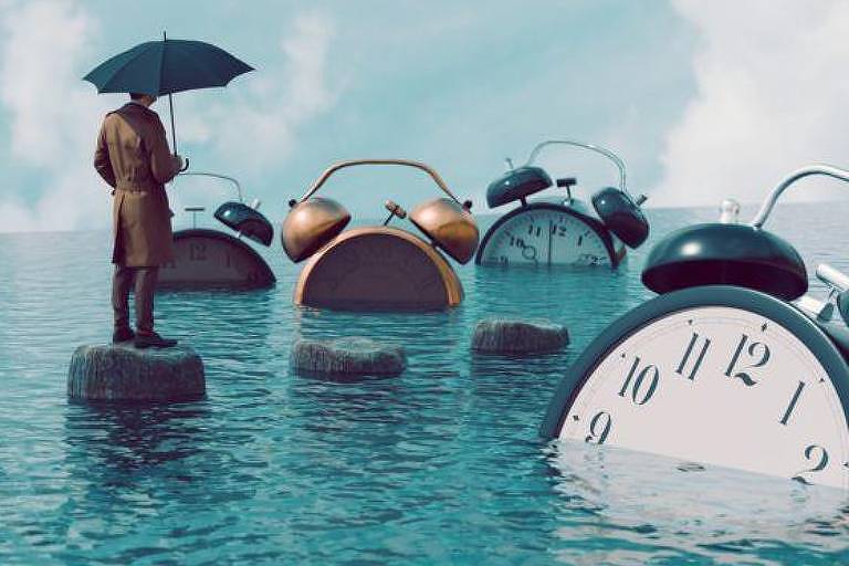 Ilustração de homem segurando guarda-chuva; ele atravessa rio caminhando sobre pedras enquanto relógios flutuam ao redor dele
