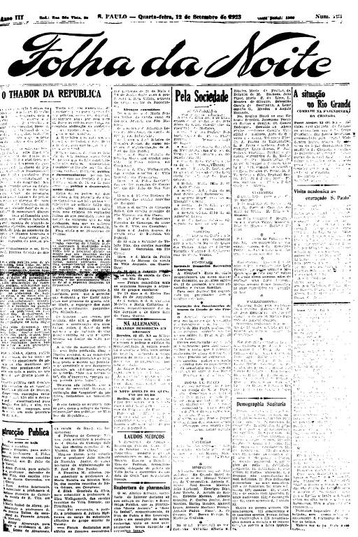 Primeira Página da Folha da Noite de 12 de setembro de 1923