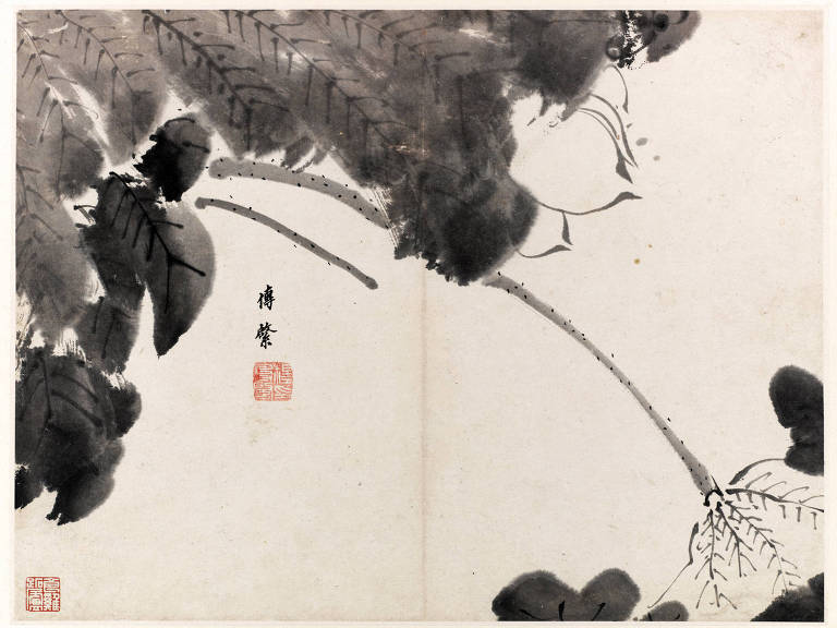 Lotus, arte do pintor chinês Bada Shanren. Nascido em uma família de nobres, ele foi perseguido por oficiais da dinastia Qing devido à proximidade entre o pai e Chongzhen, último imperador Ming e que se matou em 1644. O pintor desenvolveu problemas mentais e, mais tarde, tornou-se um monge.