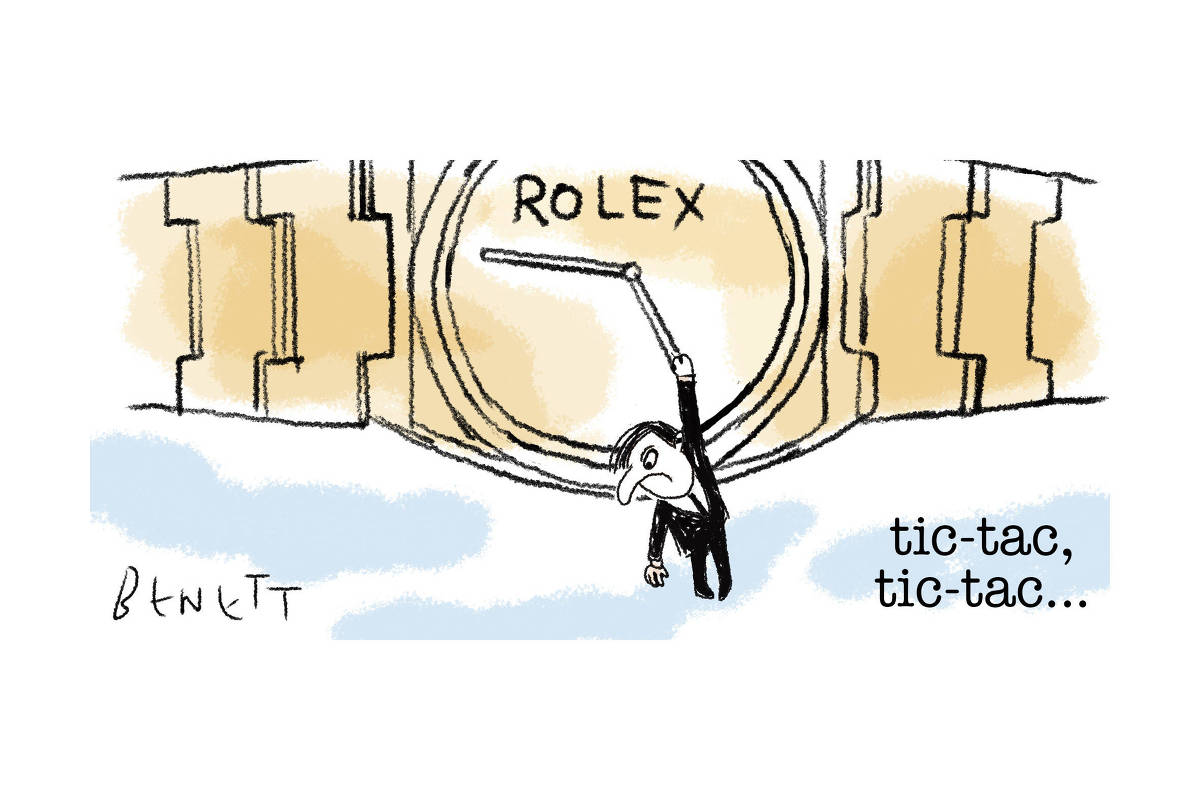 A charge publicada hoje na Folha e em todas as suas plataformas é do cartunista Benett (@cartunistabenett) e mostra uma caricatura do ex-presidente Jair Bolsonaro pendurado no ponteiro de um relógio Rolex, mais ou menos como na clássica cena de Harold Lloyd no filme O Homem-Mosca, de 1923. Na legenda o título da charge é somente "tia-tac, tia-tac...".