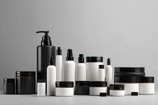 Mockup beauty products bottle set. Neural network AI generated