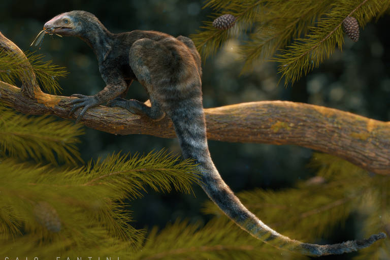 Reconstrução do fóssil Venetoraptor gassenae em uma paisagem triássica