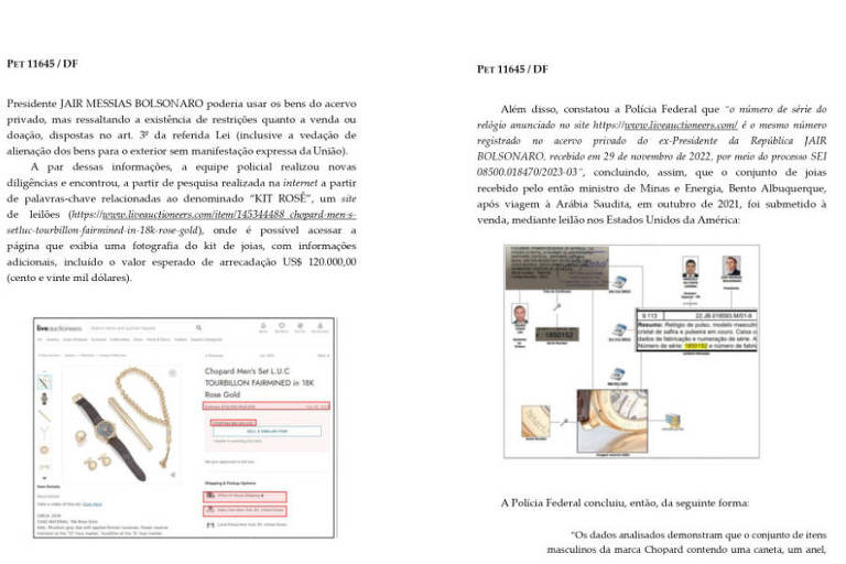 A PF encontrou um relógio com o mesmo número registrado no acervo privado de Bolsonaro em um site de vendas; a organização concluiu que o objeto recebido por Bento Albuquerque na viagem à Arábia Saudita foi entregue a leilão nos EUA