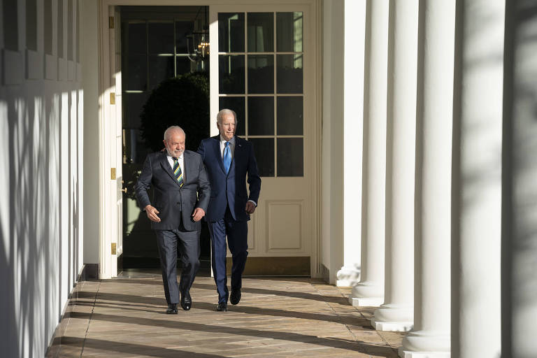 Os presidentes do Brasil, Luiz Inácio Lula da Silva, e dos EUA, Joe Biden, durante encontro na Casa Branca, em fevereiro