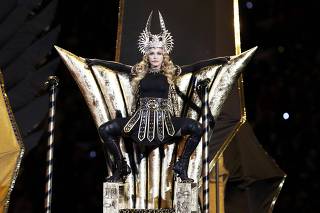 Madonna performs during the halftime show in the NFL Super Bowl XLVI football game in Indianapolis