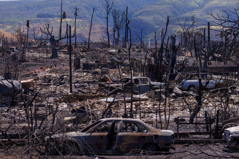 Carros e vegetação destruídos após incêndio florestal na cidade de Lahaina, no Havaí