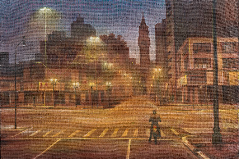 Obra de Gregório Gruber. Uma pintura das ruas de São Paulo ao anoitecer. Ao fundo se vê o relógio da estação da Luz.