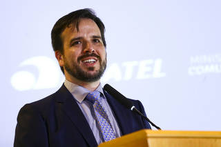 O novo presidente da Anatel, Carlos Manuel Baigorri, durante sua solenidade de posse.