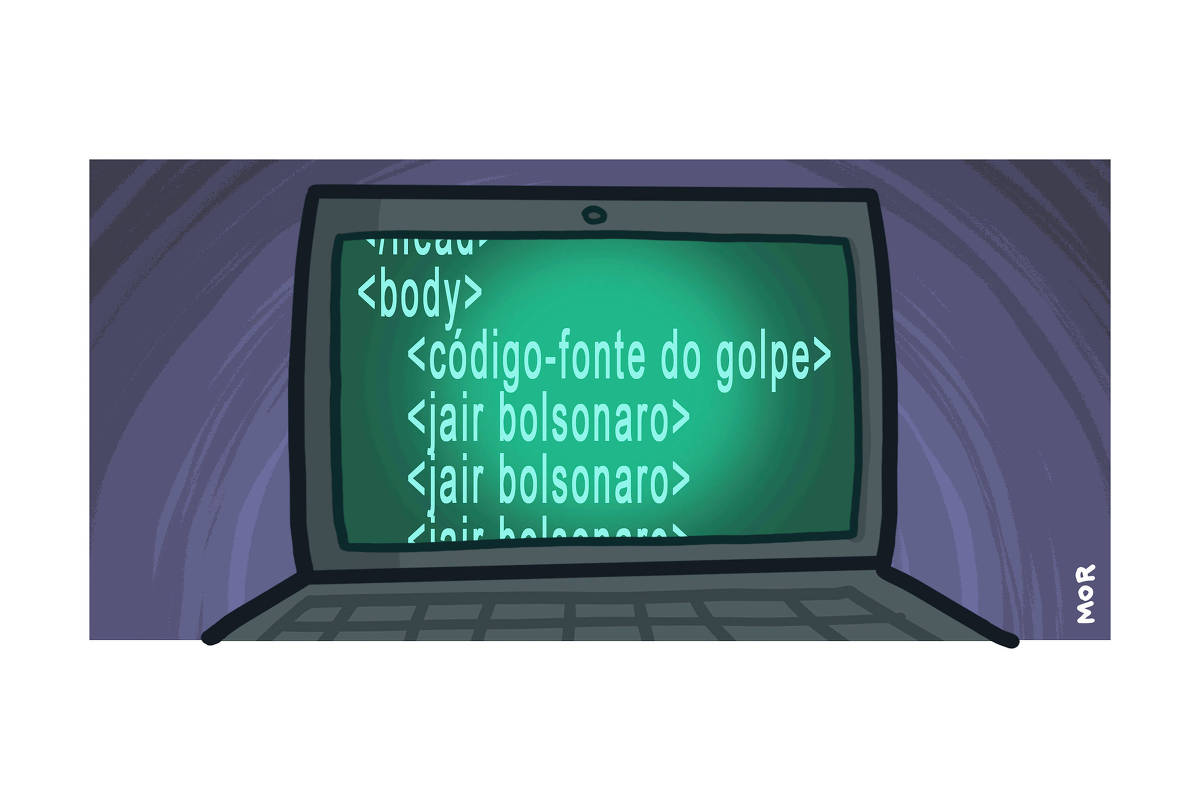 A charge mostra um notebook bem de perto em uma sala escura e em sua tela podemos ver um texto códigos em HTML: <body> <codigo-fonte do golpe> <jair bolsonaro> <jair bolsonaro> <jair bolsonaro>.