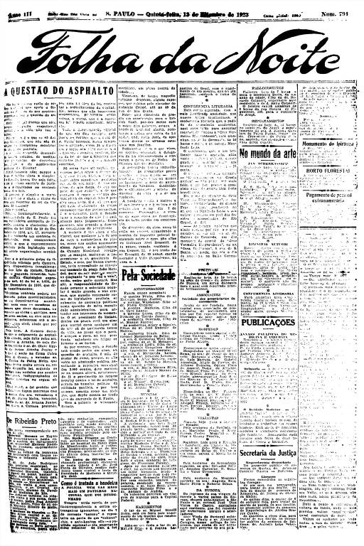 Primeira Página da Folha da Noite de 13 de setembro de 1923