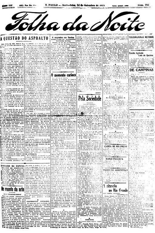 Primeira Página da Folha da Noite de 14 de setembro de 1923