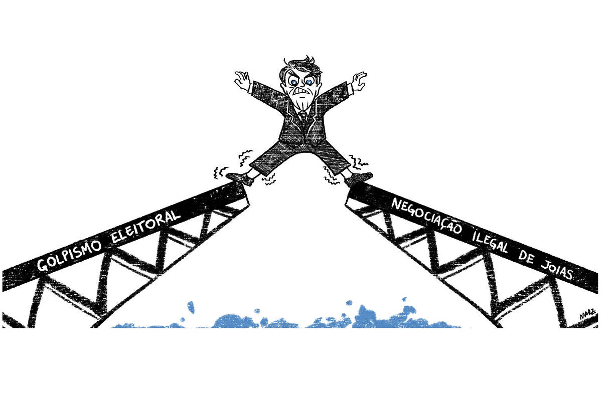 A charge de Marília Marz mostra o ex-presidente Jair Bolsonaro com expressão de preocupação se equilibrando entre duas metades de uma ponte levadiça, que está se abrindo. Em uma das metades da ponte lê-se: "golpismo eleitoral" e, na outra: "negociação ilegal de jóias".