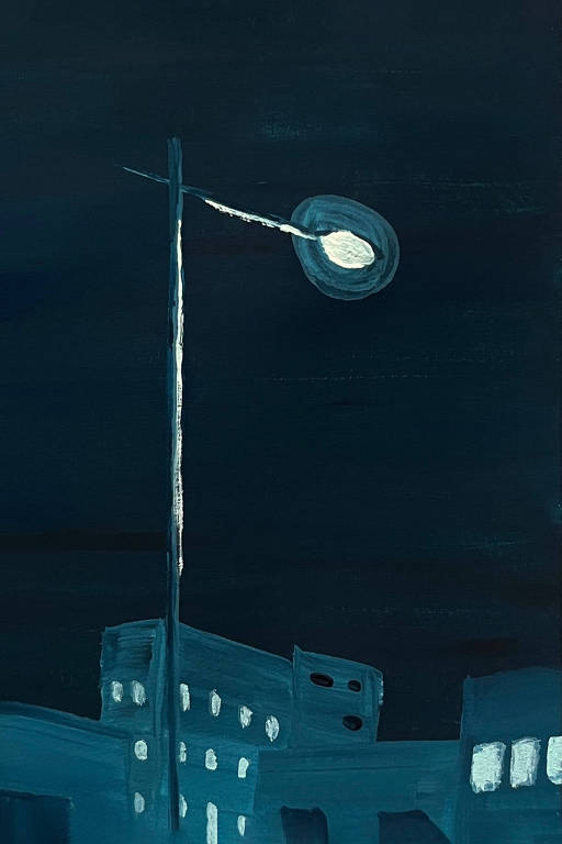 pintura de poste iluminado à noite, em azul