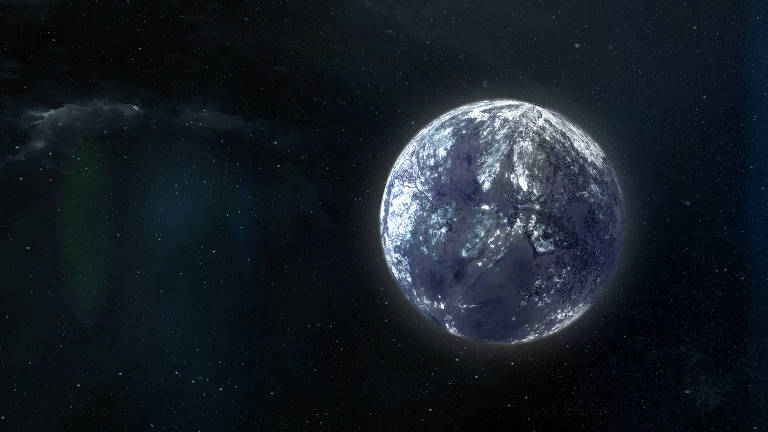 Impressão artística de um planeta errante na escuridão do espaço, sem estar ligado a uma estrela