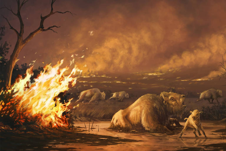 Concepção artística de um bisão atolado no poço de asfalto enquanto um incêndio florestal se aproxima dele em La Brea, no sul da Califórnia (EUA)