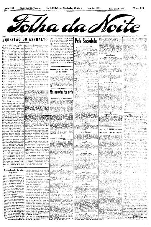 Primeira Página da Folha da Noite de 15 de setembro de 1923