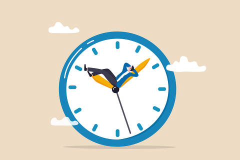 Wasted time, procrastination or slow life, lazy to work, low productivity or efficiency, self discipline problem, tired or no motivation concept, lazy businessman sleeping on the time running clock.
( Foto: Nuthawut / adobe stock )
