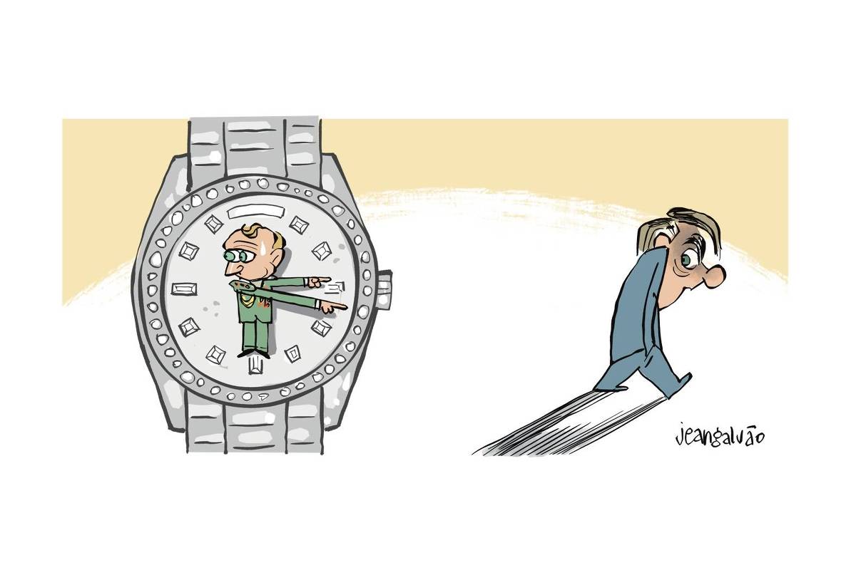 A charge de Jean Galvão publicada na Folha mostra um relógio Rolex visto de perto. Seus ponteiros são os braços de Mauro Cid, que está no centro do relógio, apontando-os para o ex-presidente Jair Bolsonaro, que caminha se escondendo.