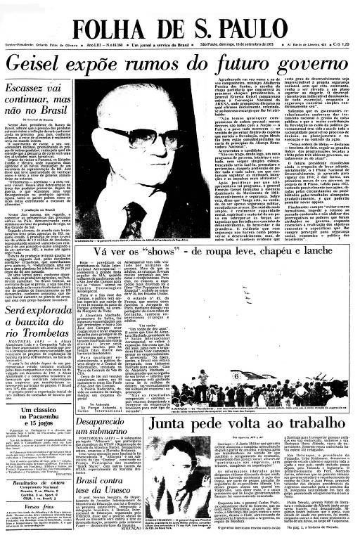 Primeira Página da Folha 16 de setembro de 1973