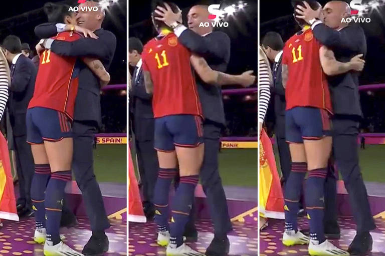 Sequência de três imagens mostra Luis Rubiales, então presidente da Real Federação Espanhola, abraçando Jenni Hermoso e depois beijando-a na boca após a conquista da Copa do Mundo pela Espanha