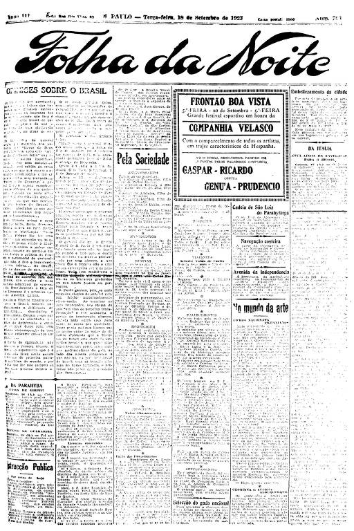 Primeira Página da Folha da Noite de 18 de setembro de 1923