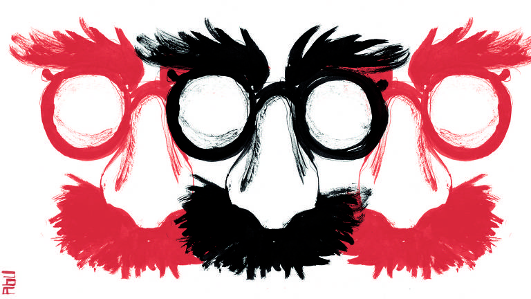 Artefato de disfarce lúdico formado pelo combo de nariz postiço, bigode, óculos e sobrancelhas falsos se repete em composição pop, ora em vermelho, ora em preto.