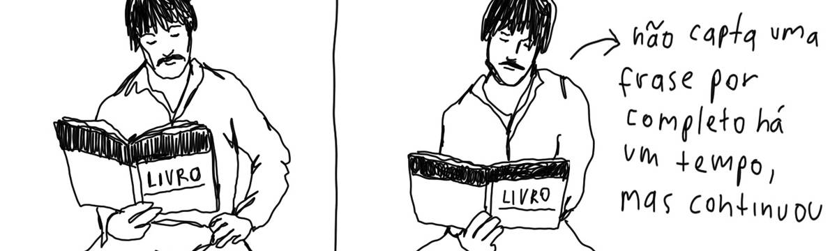 A tirinha em preto e branco de Estela May, publicada em 22/08/23, traz dois quadrinhos onde um homem lê um livro. No segundo, uma flecha apontada para ele diz “não capta uma frase por completo há um tempo, mas continuou” 