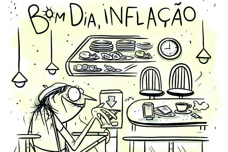 Na charge de Fabiane Langona vemos uma pessoa passando pela catraca de uma típica padaria paulistana. Vemos, ao fundo mesinhas, um relógio que marca 9h e uma vitrine de salgados (uma coxa creme está em destaque).