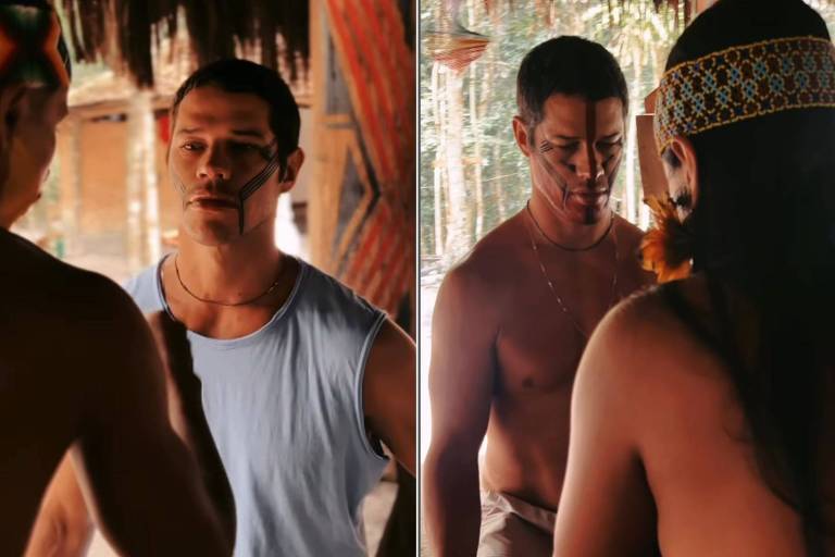 Em foto colorida, homem compartilha imagesn em aldeia indígena