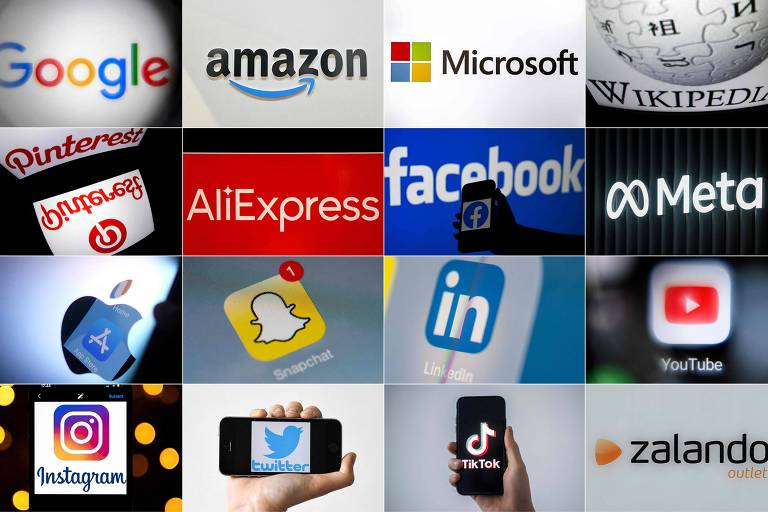 Montagem com logotipos de grandes empresas da internet como Google, Amazon, Microsoft, Wikepedia, AliExpress, Facebook, Meta, Apple, Snapchat, LinkedIn, YouTube, Instagram, Twitter e TikTok