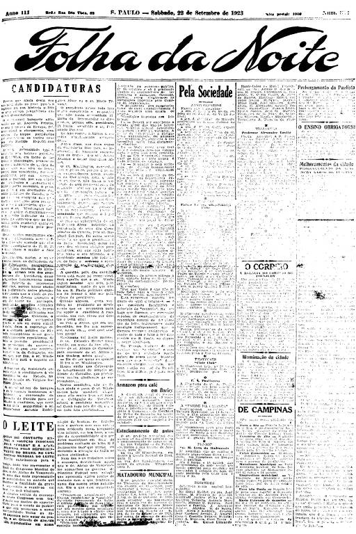 Primeira Página da Folha da Noite de 22 de setembro de 1923