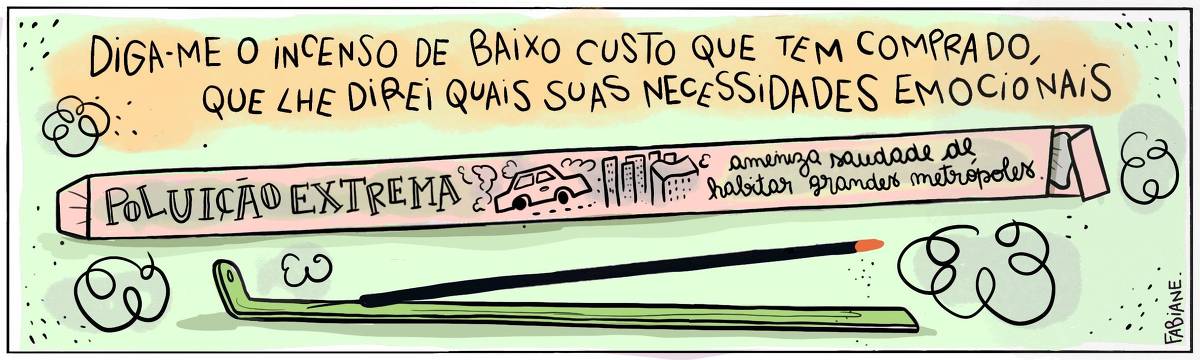 A tira Viver Dói, de Fabiane Langona, publicada em 24/08/2023, intitulada “ Diga-me o incenso de baixo custo que tem comprado, que lhe direi quais são suas necessidades emocionais", mostra uma caixa de incensos e, logo abaixo, uma unidade de incenso queimando e soltando fumaça. A caixinha, em primeiro plano, mostra a fragrância acrescida do possível benefício do produto. Estampado na embalagem, há um carro soltando fumaça pelo escapamento. O automóvel esta circundado por prédios cinzas. No quadrinho 1, lê-se: Poluição extrema // Ameniza saudade de habitar em uma grande metrópole.