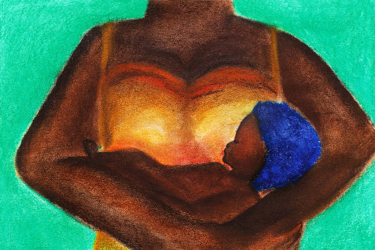 pintura de mulher negra de vestido laranja com bebê de cabelo azul no colo