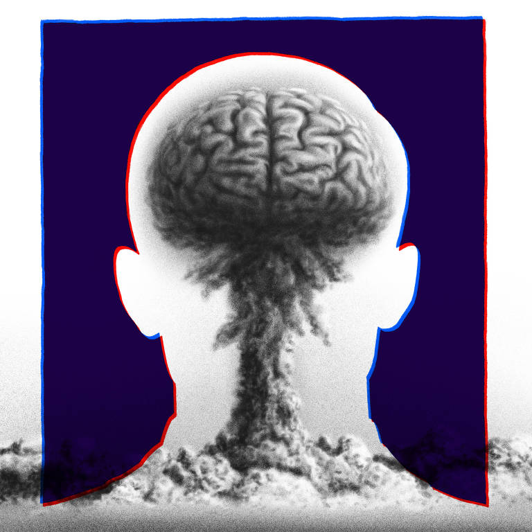 Ilustração mostra o cogumelo de uma explosão de bomba atômica formando um cérebro dentro de um contorno no formato de uma cabeça humana