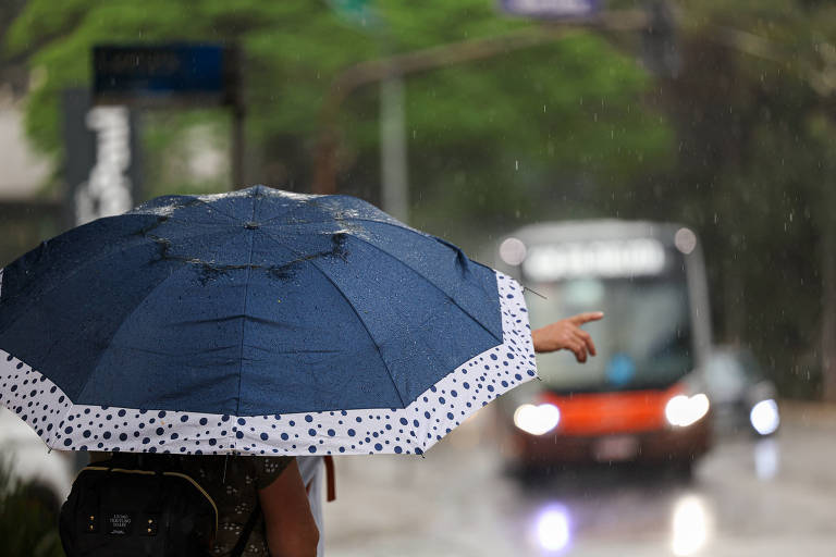 mulher usando guarda-chuva faz sinal para ônibus, ao fundo e fora de foco, que se aproxima de ponto. mulher de costas, só é possível ver guarda-chuva e a mão que faz o sinal 