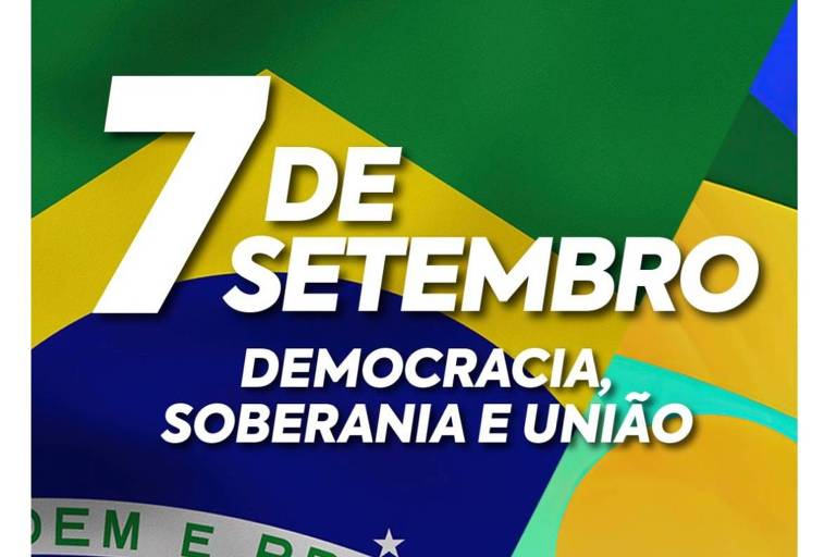 7 de setembro com slogan de democracia, soberania e união, e fundo verde e amarelo