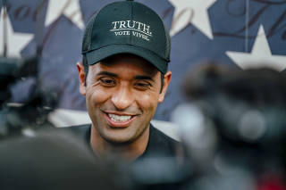 Republican presidential candidate Vivek Ramaswamy speaks to supporters and members of the media at The Beer Garden in Milwaukee, on Aug. 22, 2023, the day before the first Republican presidential debate hosted by Fox News. (Jamie Kelter Davis/The New York Times)