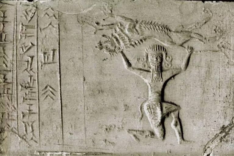 Um selo de cerca dos séculos 9º ou 7º a.C. mostra Gilgamesh dominando um leão