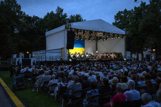 The Ukrainian Freedom Orchestra, which is in its second year of touring, performs at Schönhausen Palace in Berlin on Thursday, Aug. 24, 2023. (Andreas Meichsner/The New York Times)