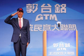 Terry Gou, Foxconn founder, announces bid for Taiwan's presidency during a press event in Taipei