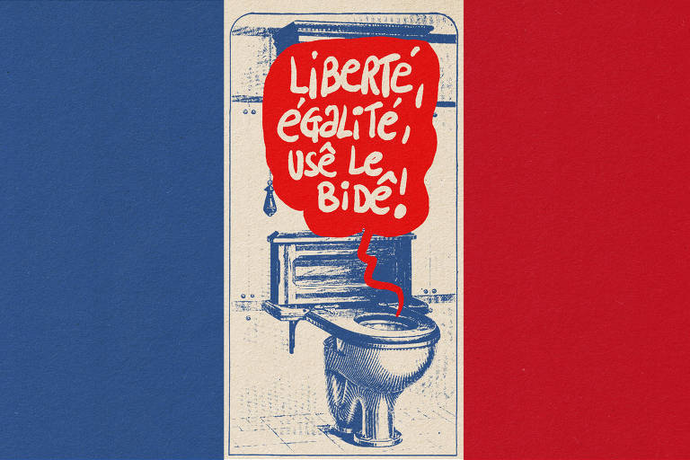 Na colagem digital de Marcelo Martinez, as cores da bandeira francesa e um vaso sanitário antigo. Do vaso, sai um balão com a fala "Liberté, égalité, usê le bidê!