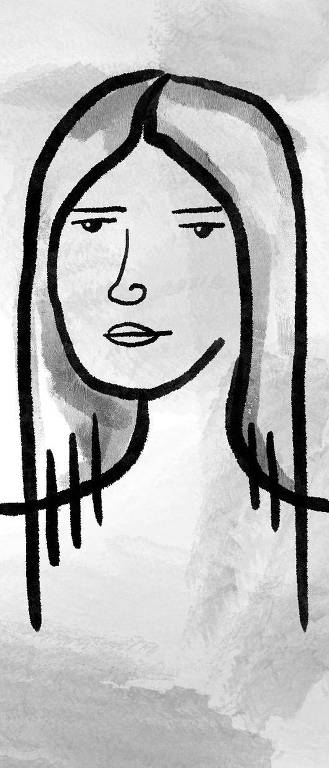 Desenho de uma mulher com feição séria em preto e branco.