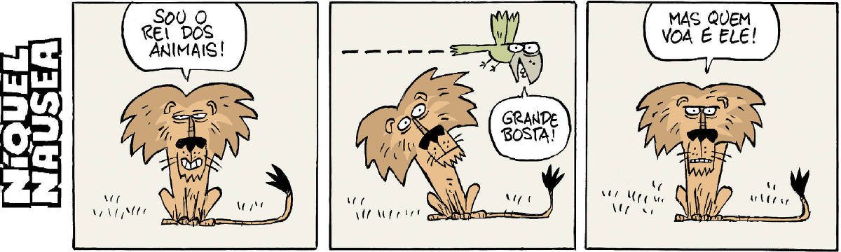 A tira tem três quadrinhos No primeiro, um leão no centro do quadrinho e olhando pra frente, exclama: eu sou o rei dos animais! No segundo ele olha para um pássaro que está voando. O pássaro diz: grande bosta! No terceiro, ele olha novamente pra frente e exclama: mas quem voa é ele!